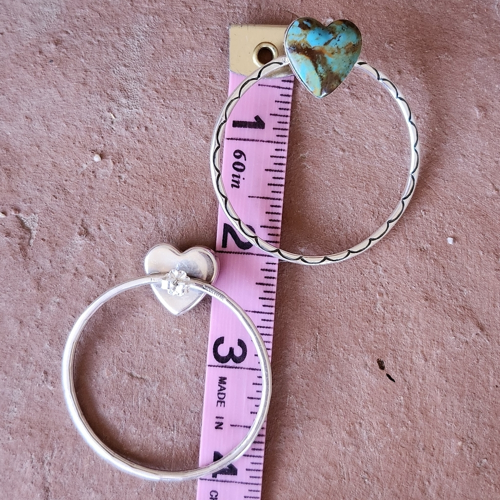 Native American Sterling Silver Turquoise Large Heart Stamped Hoop Earrings - Picture 7 of 7